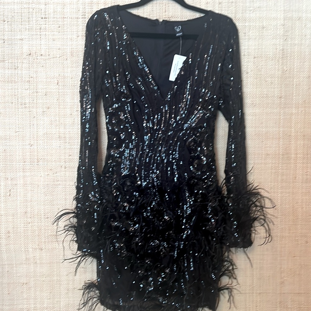 Never worn Windsor black sequin-mini dress, with ostrich feathers